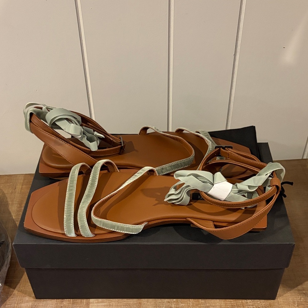 Marina Rinaldi Tan and Sage Green Lace Up Sandals NIB with Dust Bag
